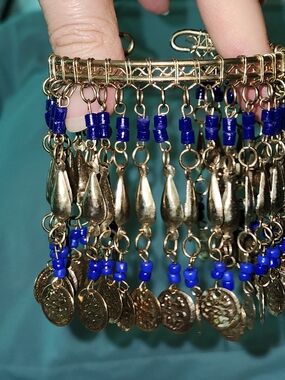 Gold-tone Coin & Bead Fringe Arm Cuff with Cobalt Blue Beads